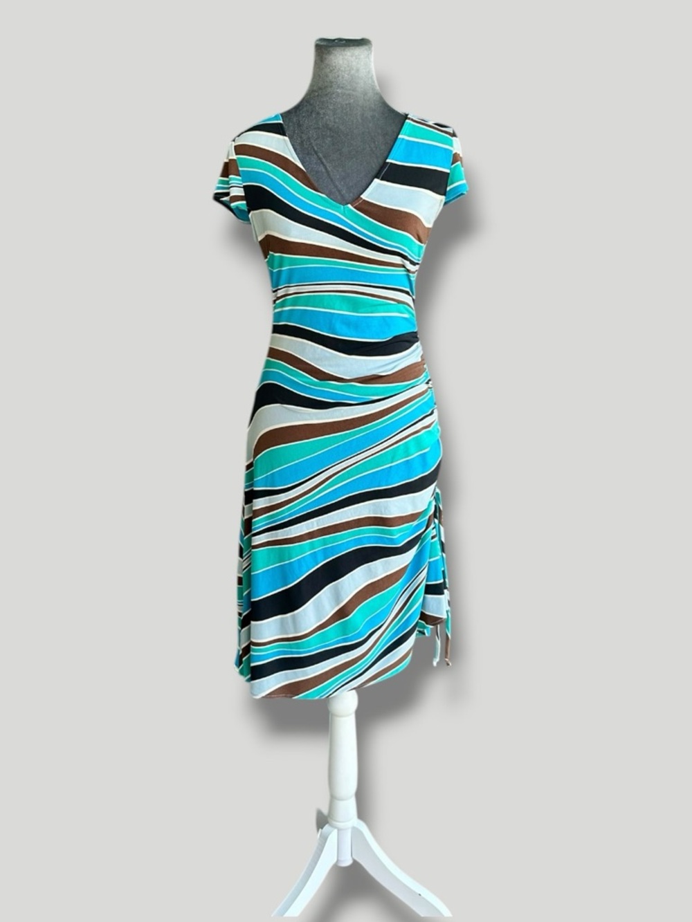 Max Studio Ruched Asymmetrical Wavy Striped Stretch Knit Midi Dress 2000s Y2K S